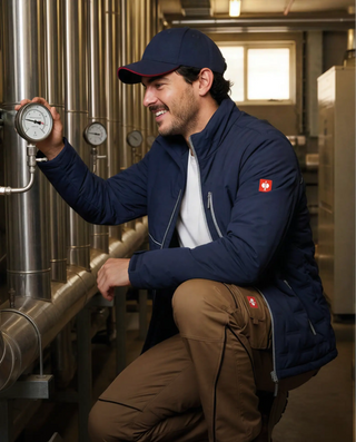 A man in a jacket looks at a meter